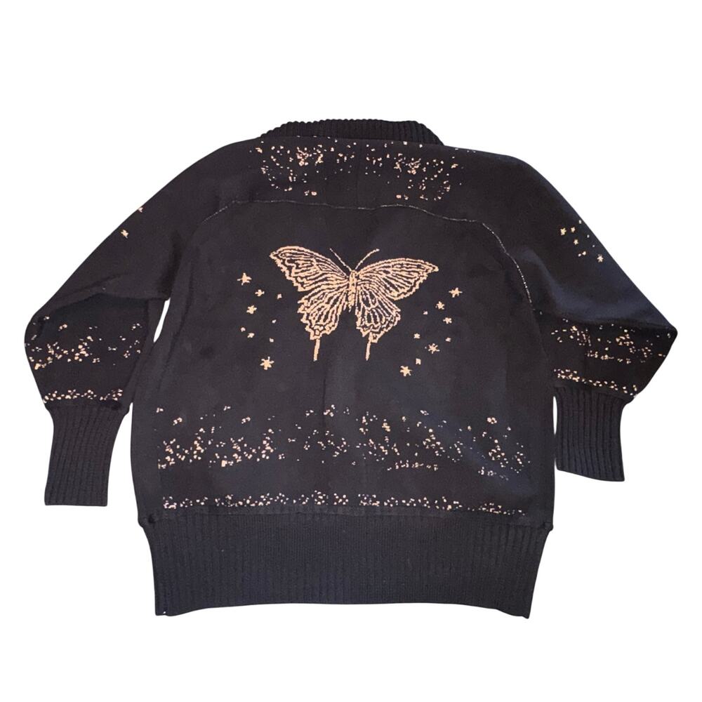 Anthropologie Collared V-Neck Butterfly Cardigan in Black & Gold Size Large New - Picture 5 of 9